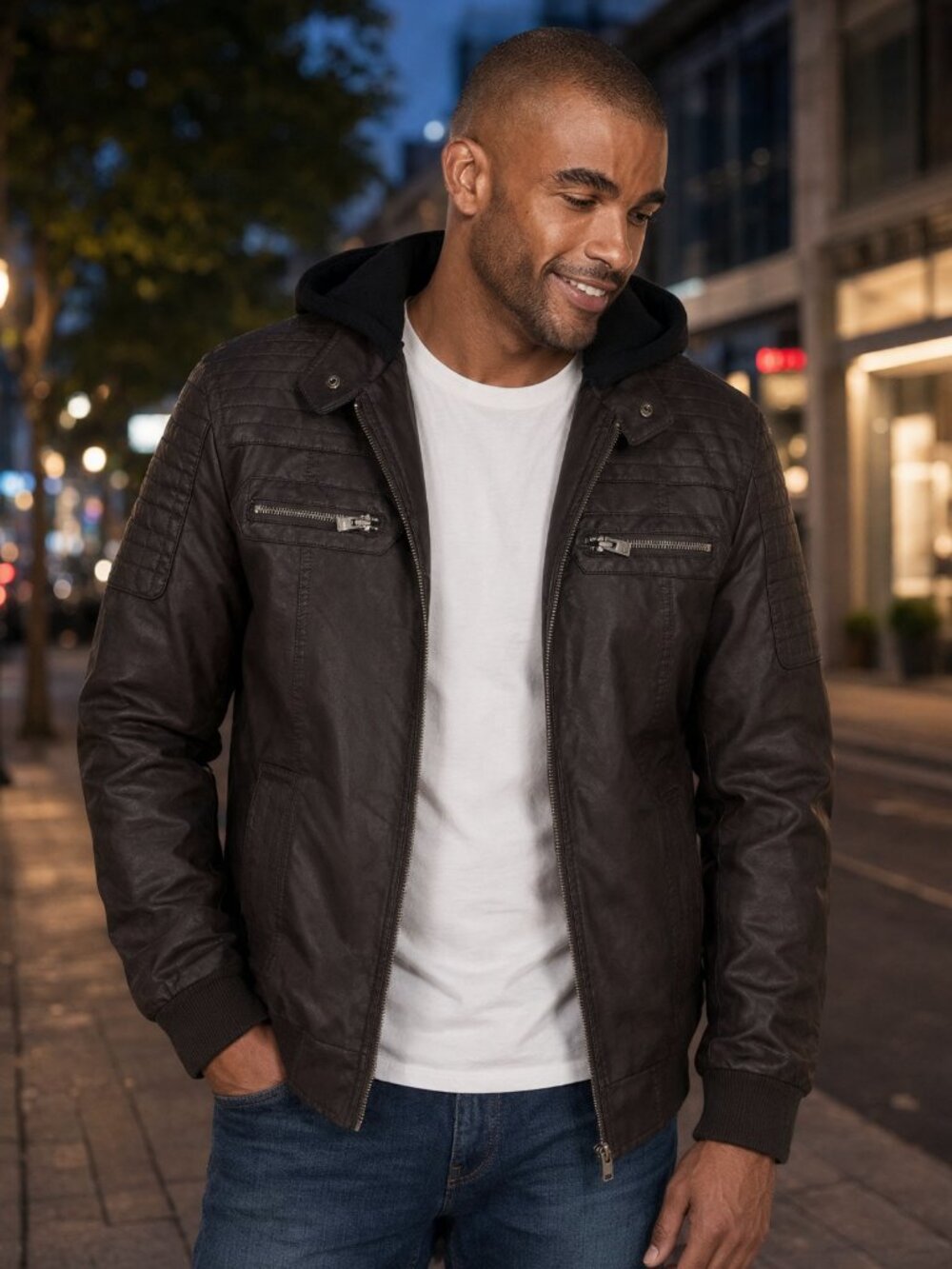 XRAY Jeans Men Brown Faux PU Leather Hooded Biker Moto Jacket Zippered Coat US S